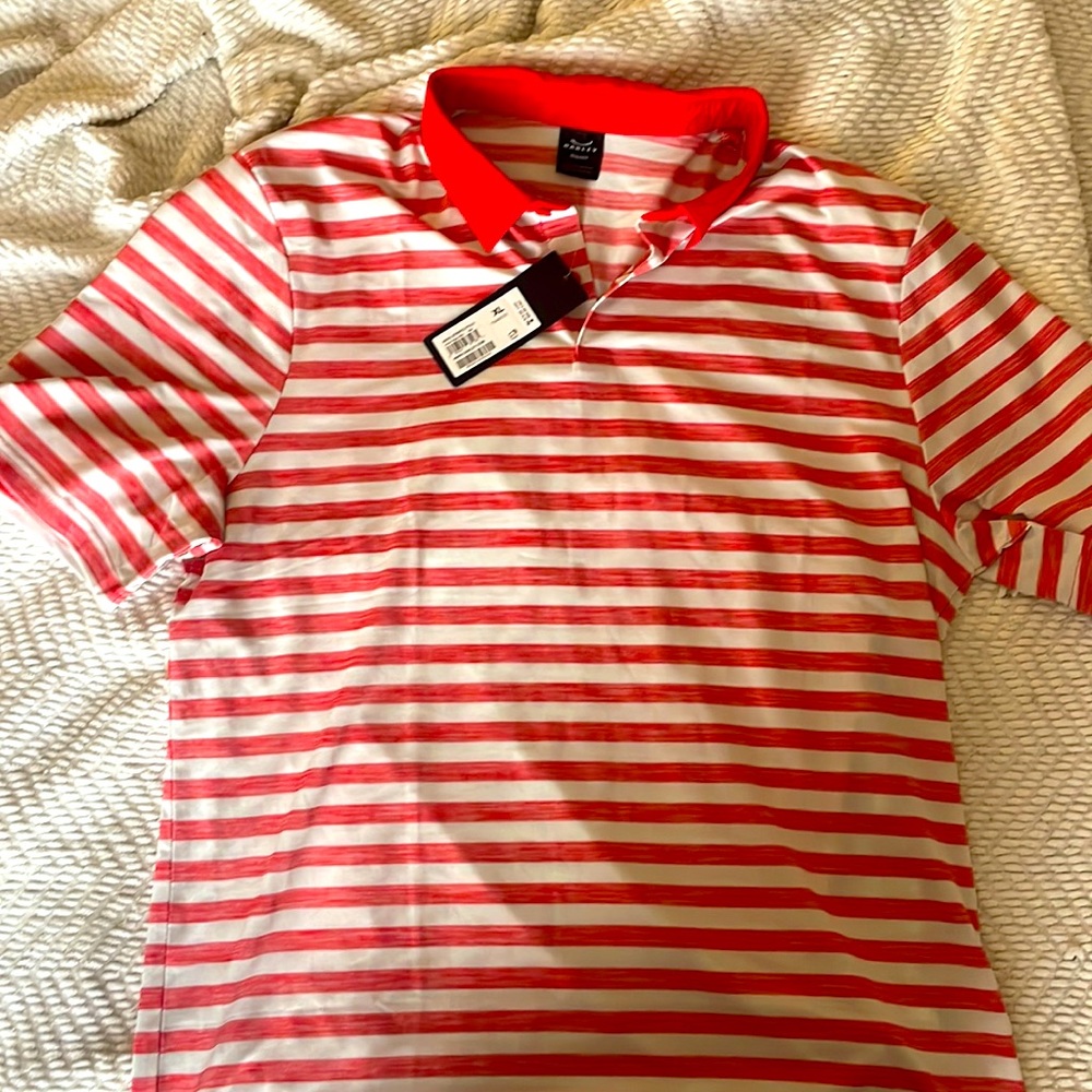 XL Oakley polo, red and white striped, never worn